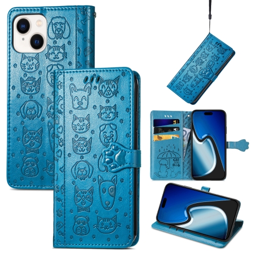 

For iPhone 15 Cat and Dog Embossed Leather Phone Case(Blue)