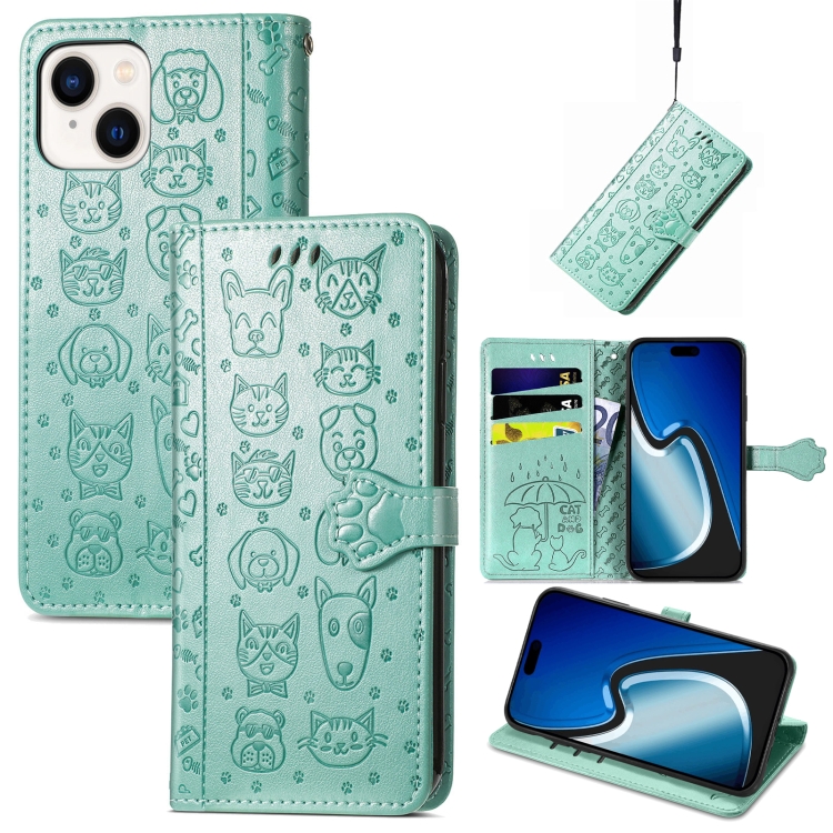

For iPhone 15 Cat and Dog Embossed Leather Phone Case(Green)