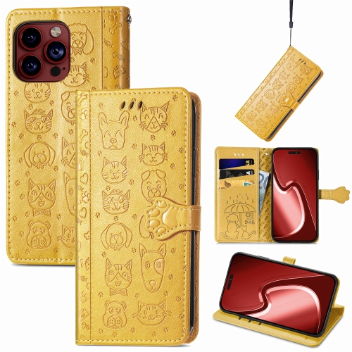 

For iPhone 15 Pro Cat and Dog Embossed Leather Phone Case(Yellow)