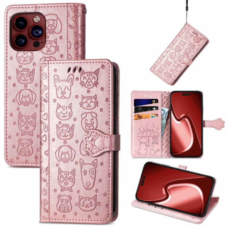 

For iPhone 15 Pro Cat and Dog Embossed Leather Phone Case(Rose Gold)