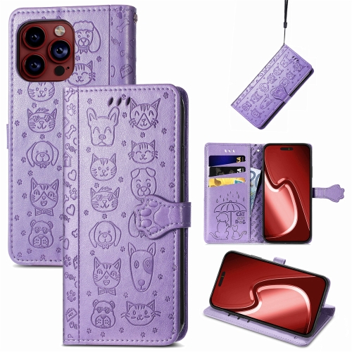 

For iPhone 15 Pro Cat and Dog Embossed Leather Phone Case(Purple)