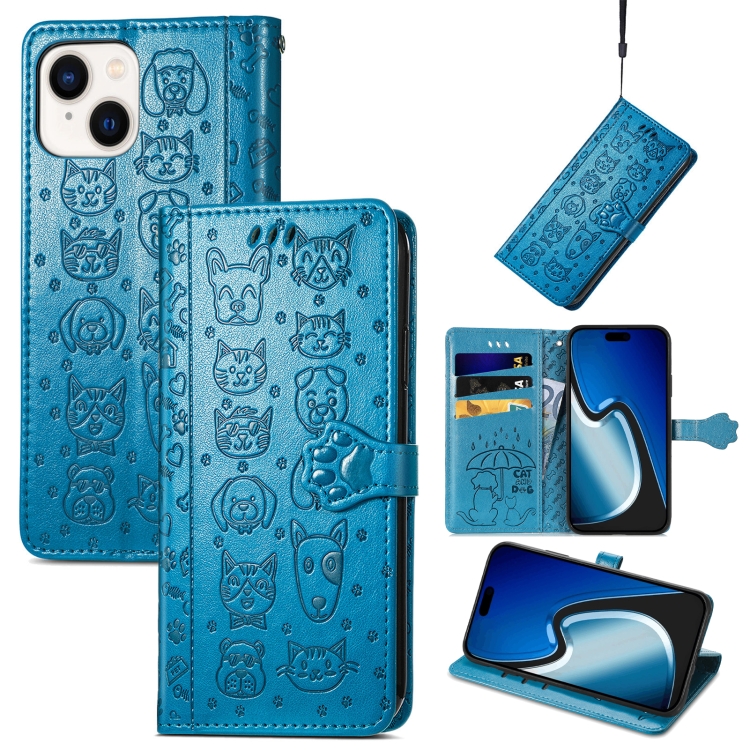 

For iPhone 15 Plus Cat and Dog Embossed Leather Phone Case(Blue)