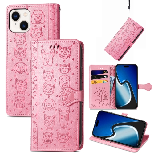 

For iPhone 15 Plus Cat and Dog Embossed Leather Phone Case(Pink)