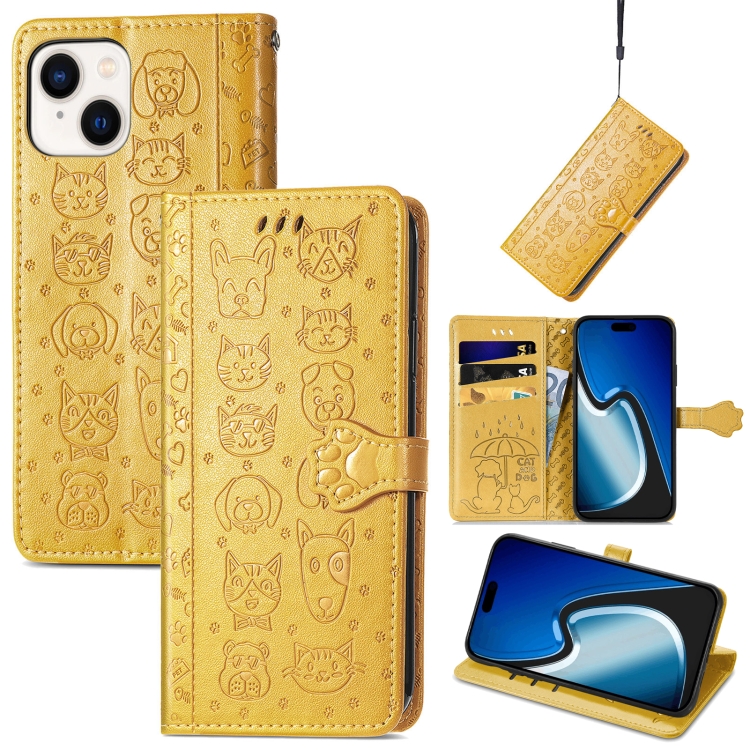 

For iPhone 15 Plus Cat and Dog Embossed Leather Phone Case(Yellow)