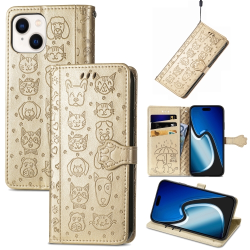 

For iPhone 15 Plus Cat and Dog Embossed Leather Phone Case(Gold)