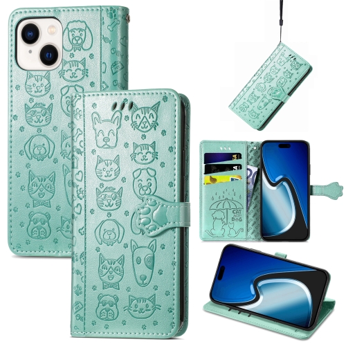 

For iPhone 15 Plus Cat and Dog Embossed Leather Phone Case(Green)