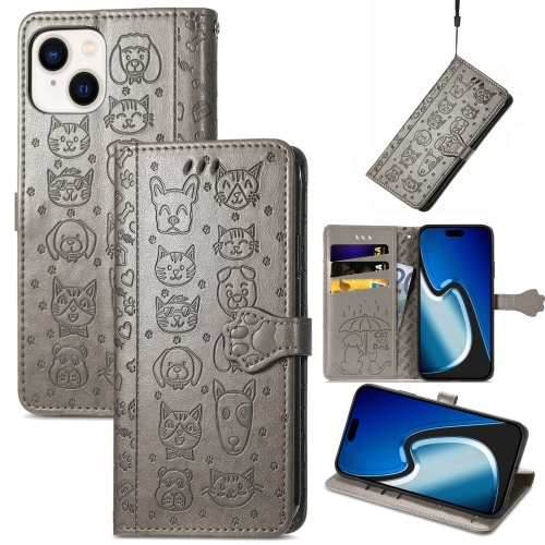 

For iPhone 15 Plus Cat and Dog Embossed Leather Phone Case(Gray)