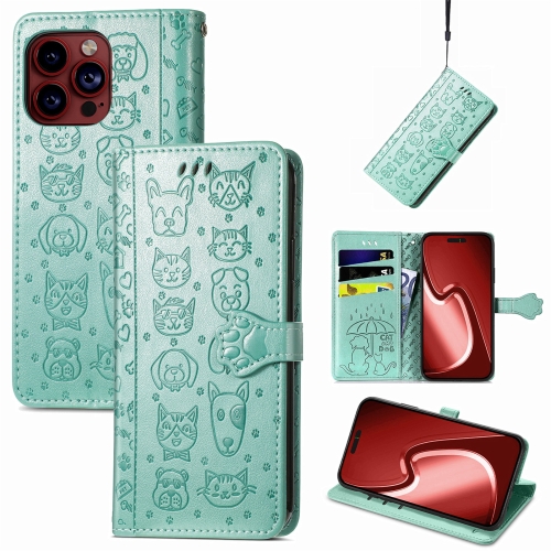 

For iPhone 15 Pro Max Cat and Dog Embossed Leather Phone Case(Green)