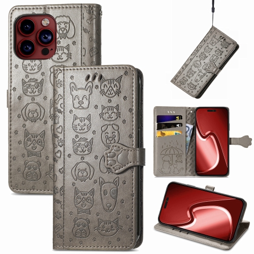 

For iPhone 15 Pro Max Cat and Dog Embossed Leather Phone Case(Gray)