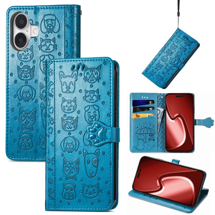 

For iPhone 16 Cat and Dog Embossed Leather Phone Case(Blue)