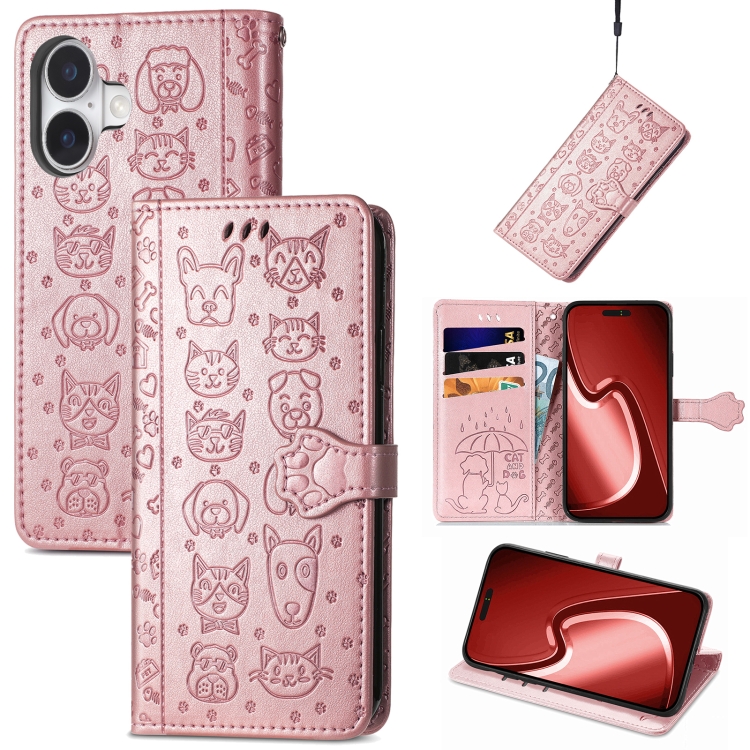

For iPhone 16 Cat and Dog Embossed Leather Phone Case(Rose Gold)