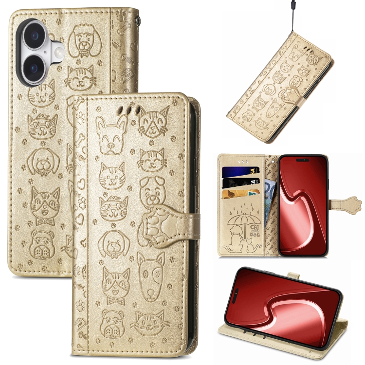 

For iPhone 16 Cat and Dog Embossed Leather Phone Case(Gold)