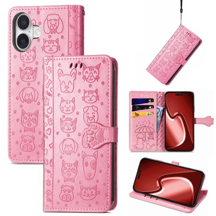 

For iPhone 16 Plus Cat and Dog Embossed Leather Phone Case(Pink)