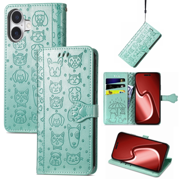 

For iPhone 16 Plus Cat and Dog Embossed Leather Phone Case(Green)