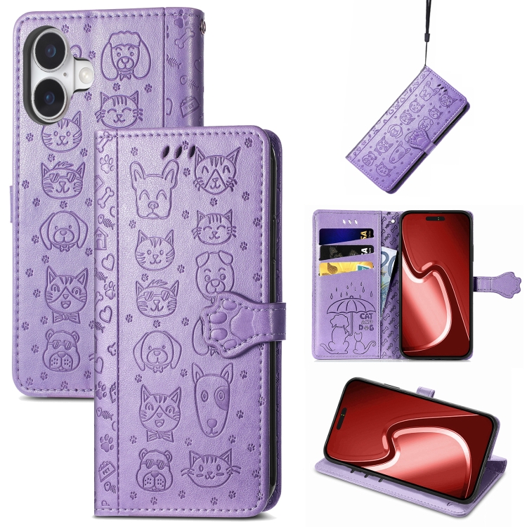 

For iPhone 16 Plus Cat and Dog Embossed Leather Phone Case(Purple)