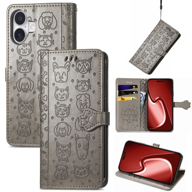 

For iPhone 16 Plus Cat and Dog Embossed Leather Phone Case(Gray)