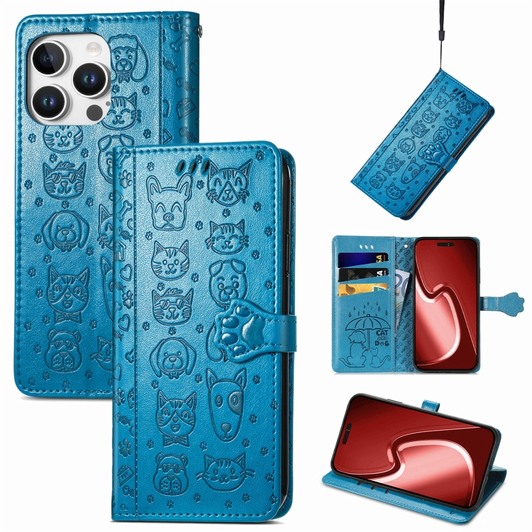 

For iPhone 16 Pro Cat and Dog Embossed Leather Phone Case(Blue)