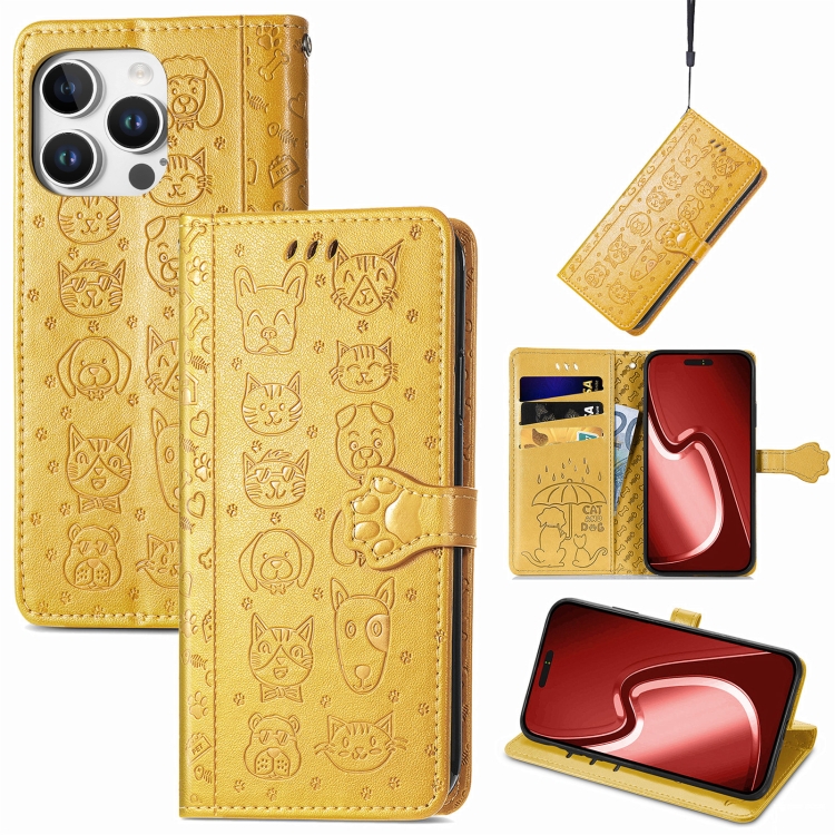 

For iPhone 16 Pro Cat and Dog Embossed Leather Phone Case(Yellow)