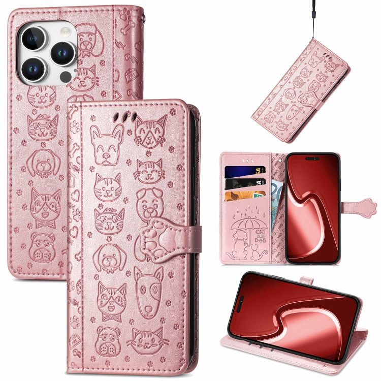

For iPhone 16 Pro Cat and Dog Embossed Leather Phone Case(Rose Gold)