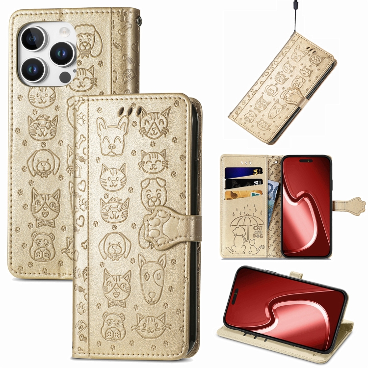 

For iPhone 16 Pro Cat and Dog Embossed Leather Phone Case(Gold)