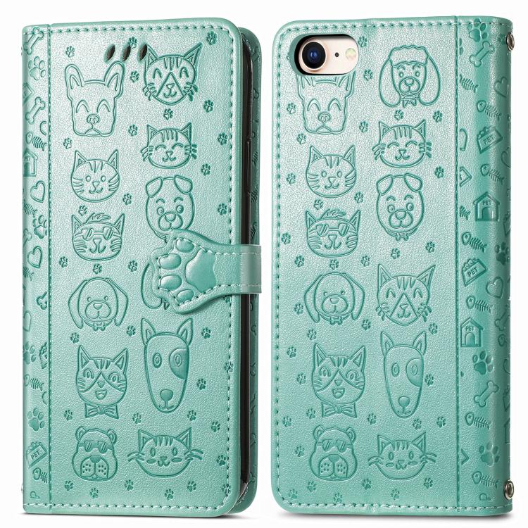 

For iPhone 16e Cat and Dog Embossed Leather Phone Case(Green)