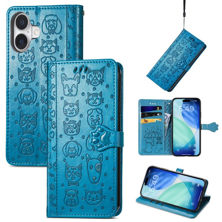 

For iPhone 17 Cat and Dog Embossed Leather Phone Case(Blue)