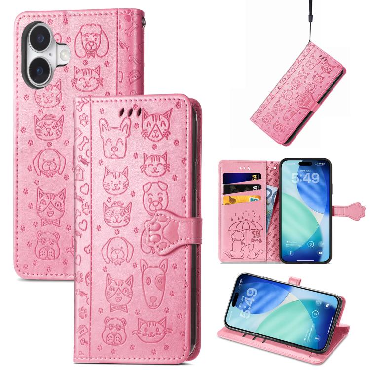 

For iPhone 17 Cat and Dog Embossed Leather Phone Case(Pink)