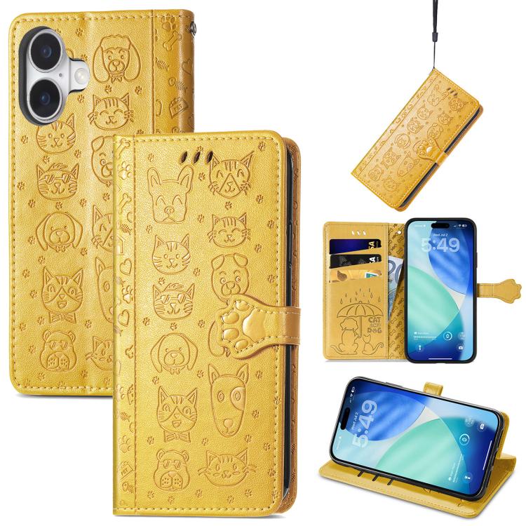 

For iPhone 17 Cat and Dog Embossed Leather Phone Case(Yellow)