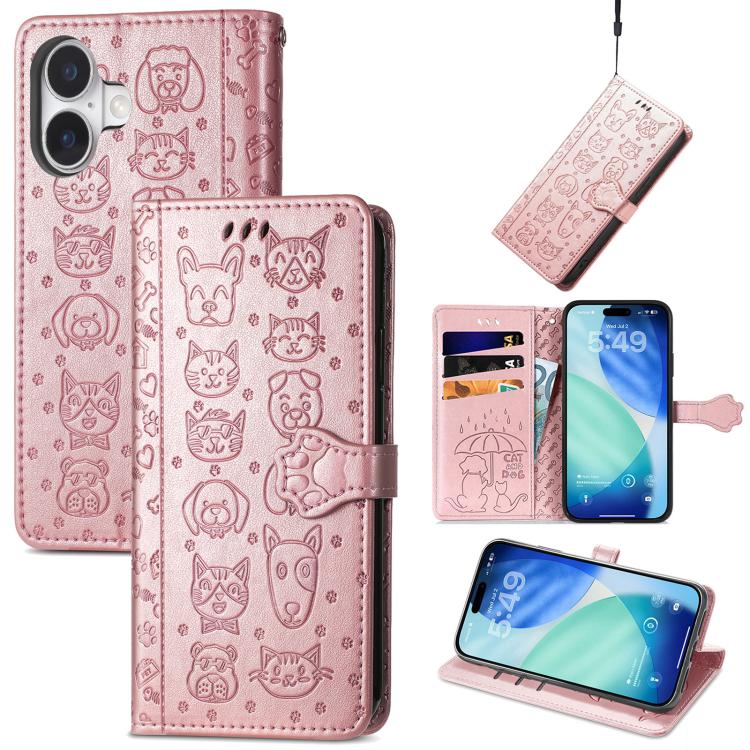 

For iPhone 17 Cat and Dog Embossed Leather Phone Case(Rose Gold)