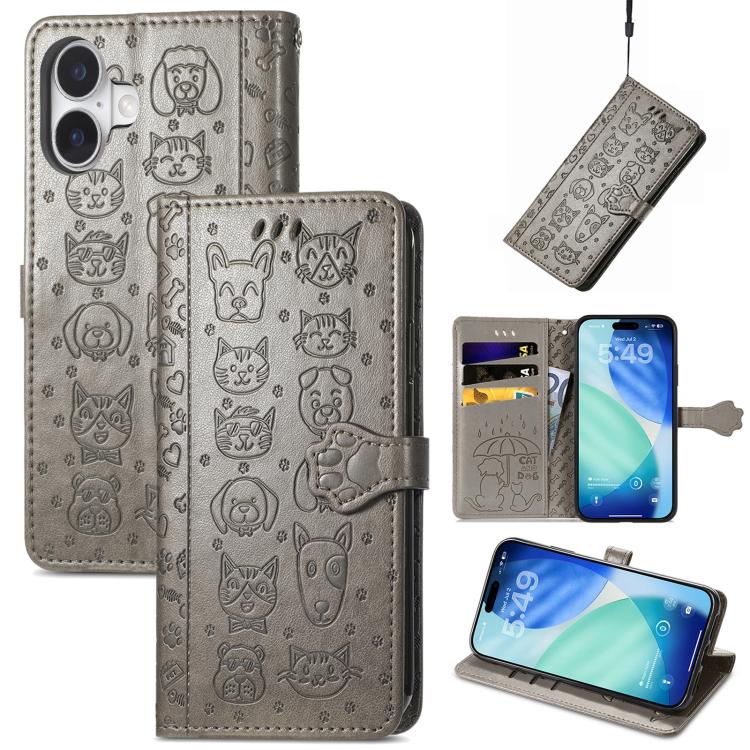 

For iPhone 17 Cat and Dog Embossed Leather Phone Case(Gray)