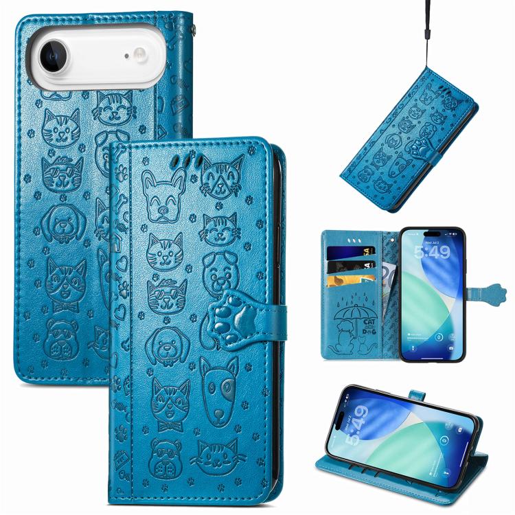 

For iPhone Air Cat and Dog Embossed Leather Phone Case(Blue)