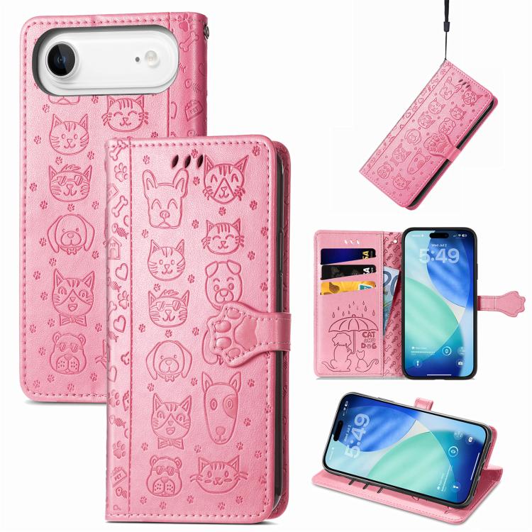 

For iPhone Air Cat and Dog Embossed Leather Phone Case(Pink)