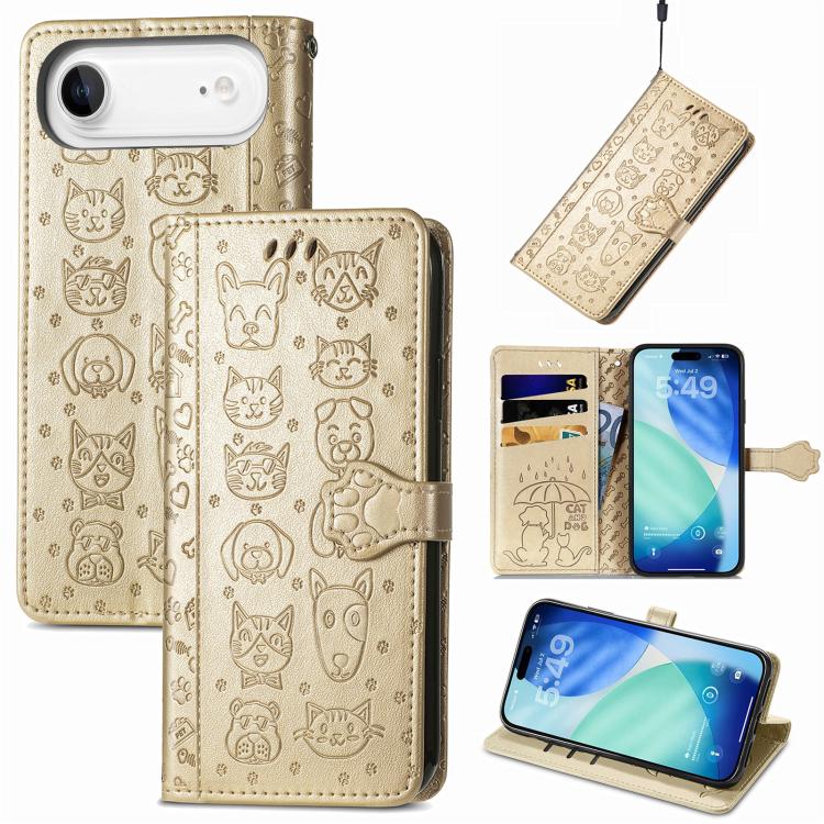 

For iPhone Air Cat and Dog Embossed Leather Phone Case(Gold)