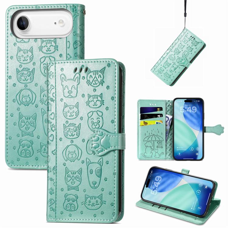 

For iPhone Air Cat and Dog Embossed Leather Phone Case(Green)