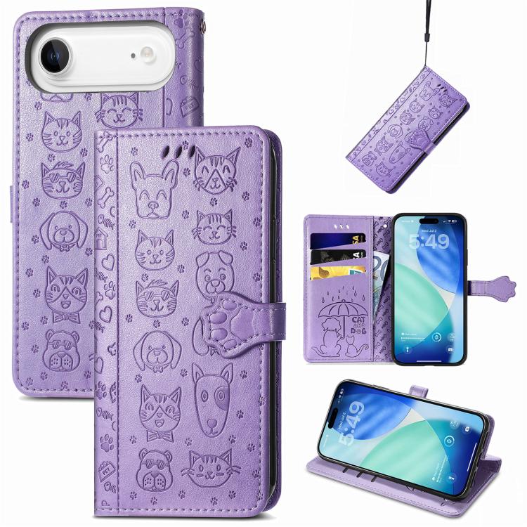 

For iPhone Air Cat and Dog Embossed Leather Phone Case(Purple)
