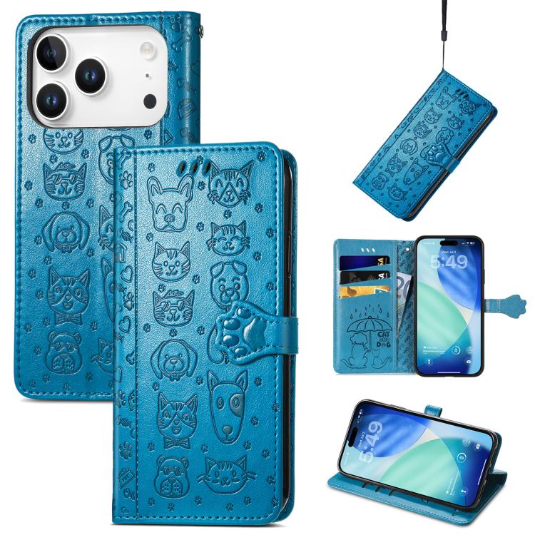 

For iPhone 17 Pro Max Cat and Dog Embossed Leather Phone Case(Blue)