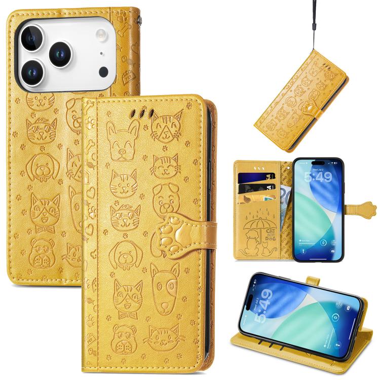 

For iPhone 17 Pro Max Cat and Dog Embossed Leather Phone Case(Yellow)