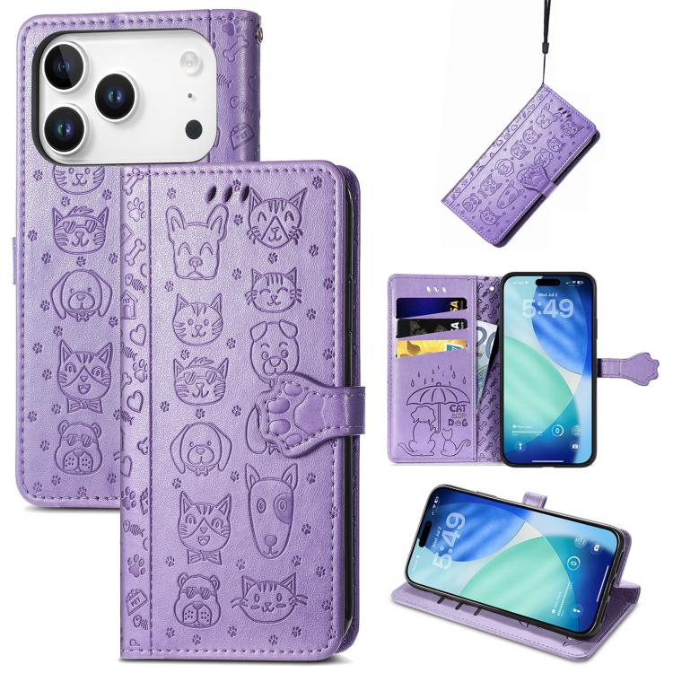 

For iPhone 17 Pro Max Cat and Dog Embossed Leather Phone Case(Purple)