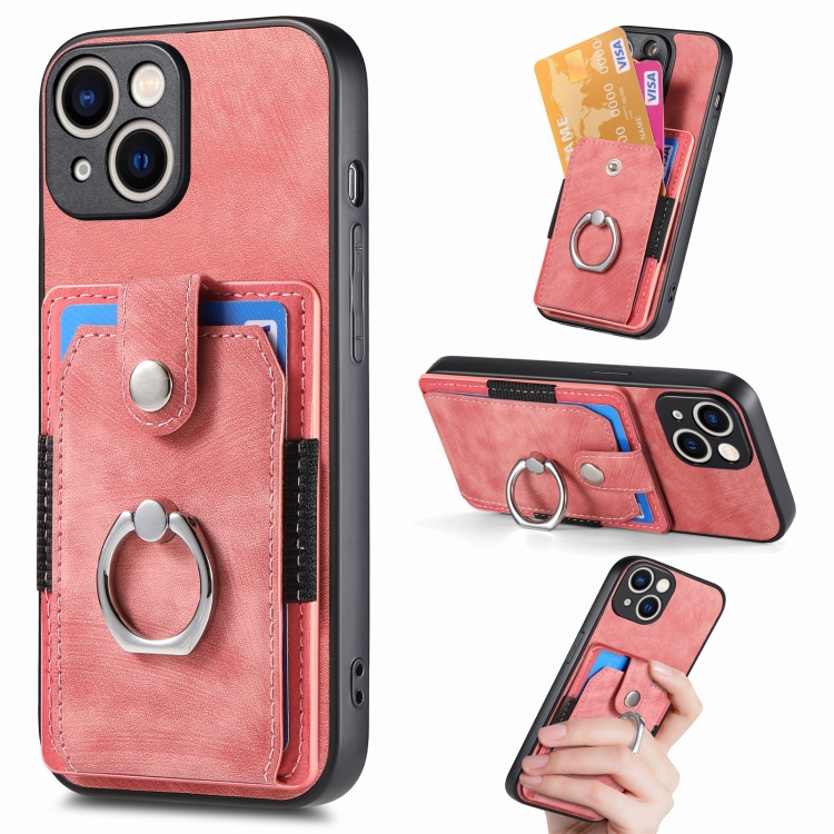 

For iPhone 15 Retro Skin-feel Ring Card Wallet Phone Case(Pink)