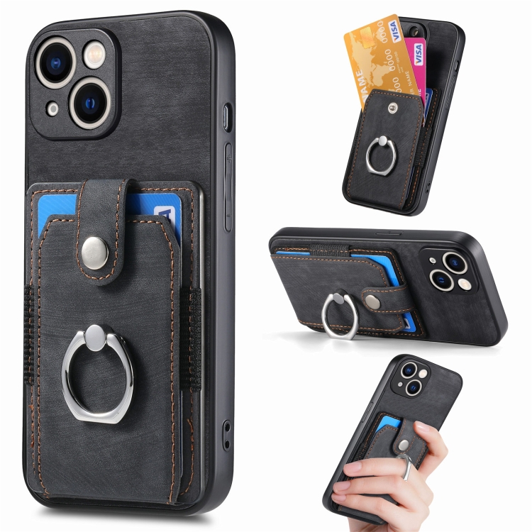 

For iPhone 15 Retro Skin-feel Ring Card Wallet Phone Case(Black)