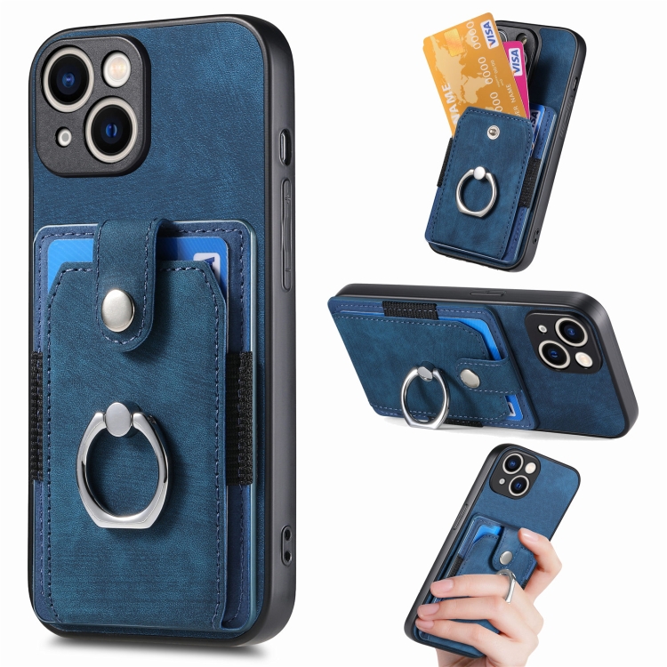 

For iPhone 15 Retro Skin-feel Ring Card Wallet Phone Case(Blue)