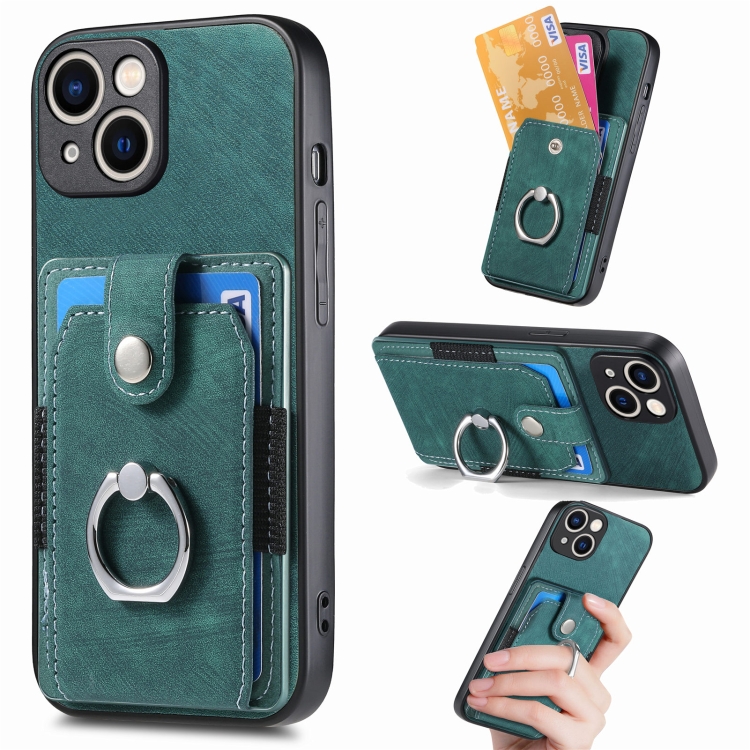 

For iPhone 15 Plus Retro Skin-feel Ring Card Wallet Phone Case(Green)