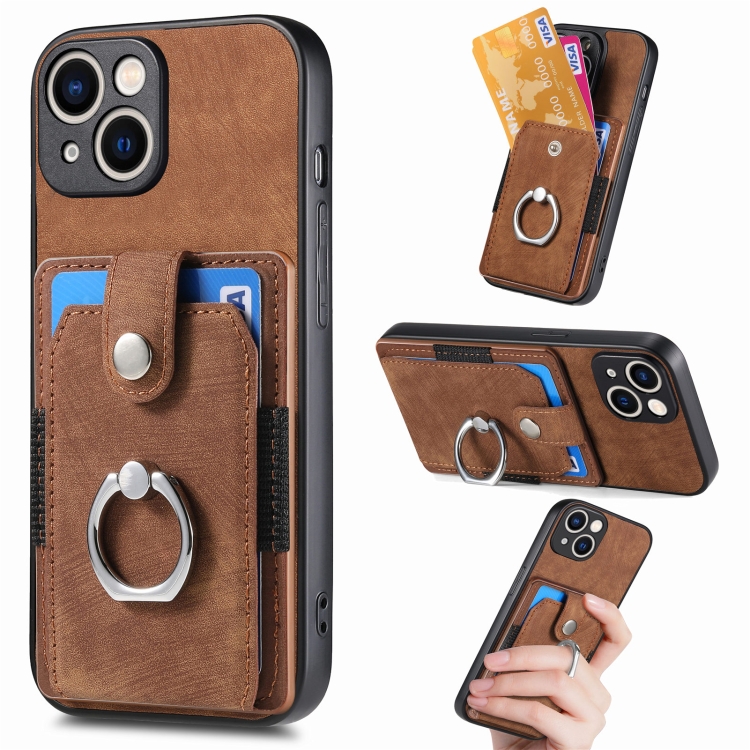 

For iPhone 15 Plus Retro Skin-feel Ring Card Wallet Phone Case(Brown)