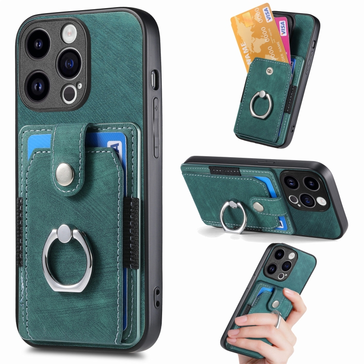 

For iPhone 15 Pro Max Retro Skin-feel Ring Card Wallet Phone Case(Green)