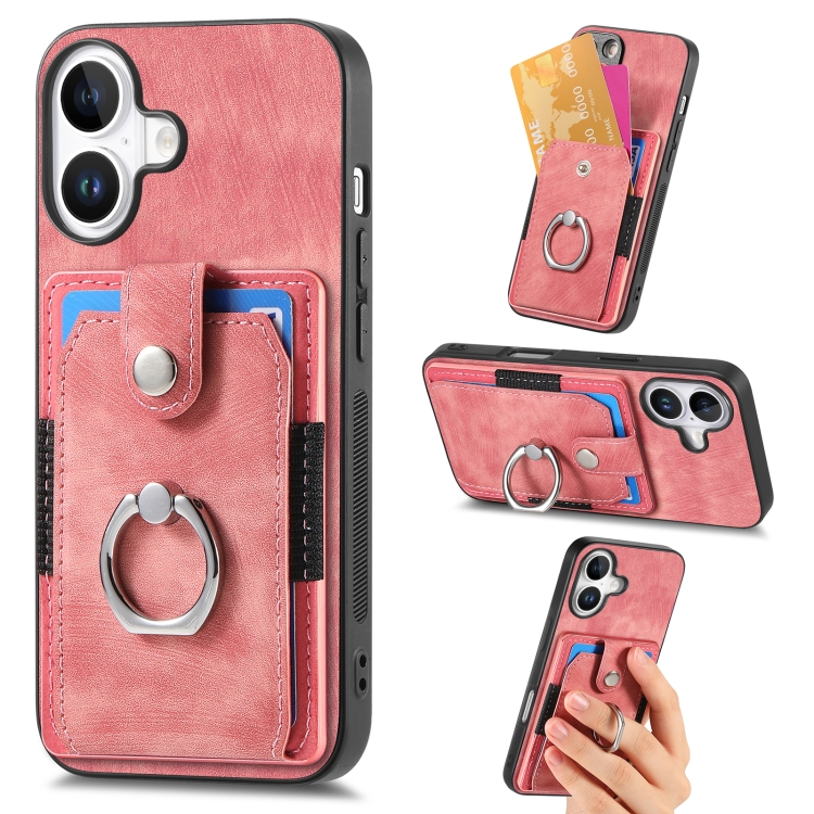 

For iPhone 16 Plus Retro Skin-feel Ring Card Wallet Phone Case(Pink)
