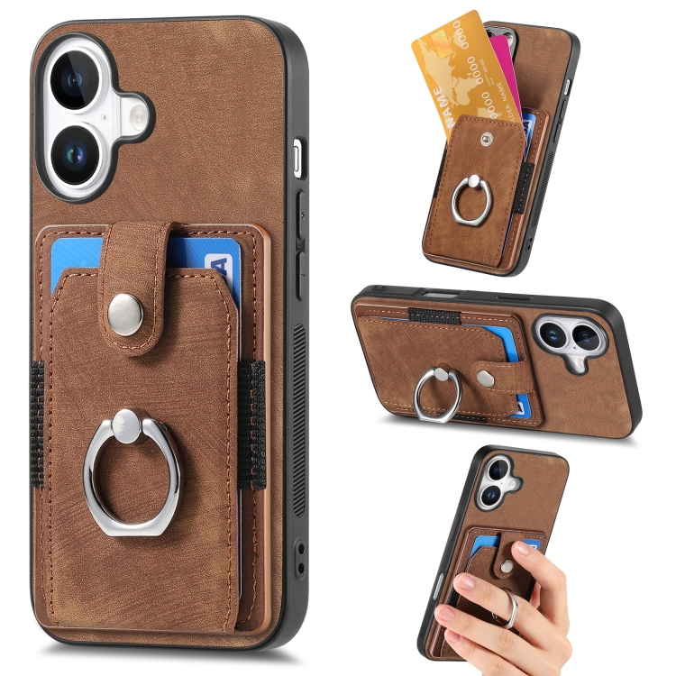 

For iPhone 16 Plus Retro Skin-feel Ring Card Wallet Phone Case(Brown)