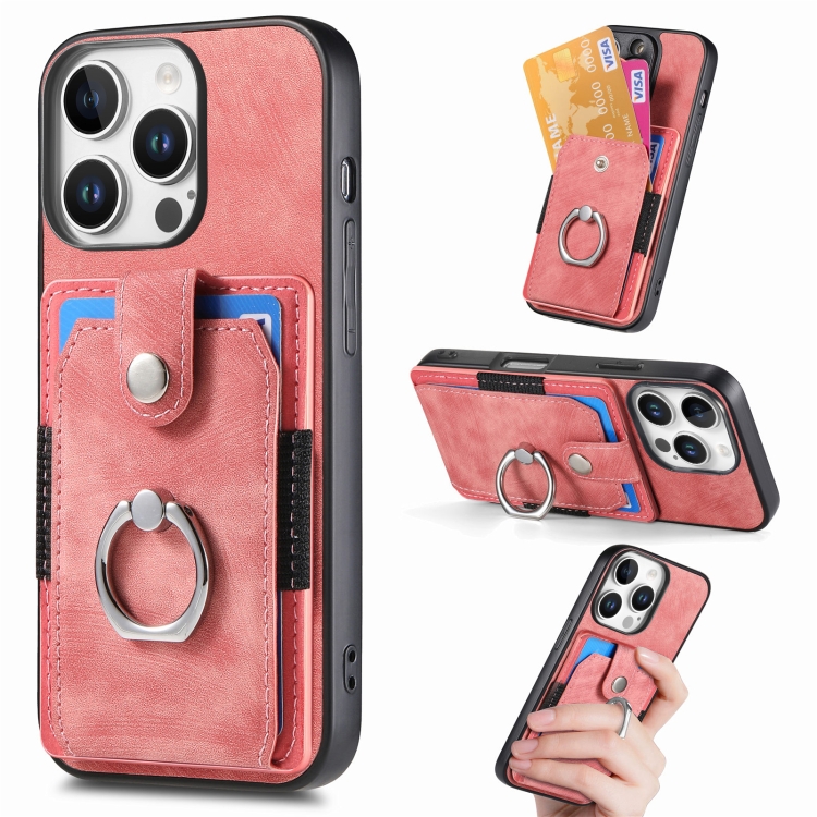 

For iPhone 16 Pro Retro Skin-feel Ring Card Wallet Phone Case(Pink)