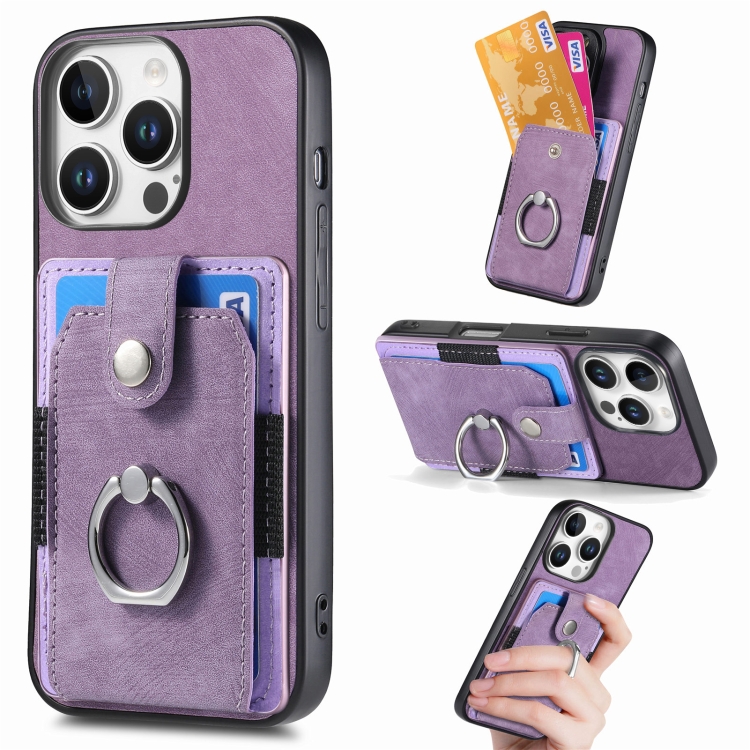 

For iPhone 16 Pro Retro Skin-feel Ring Card Wallet Phone Case(Purple)