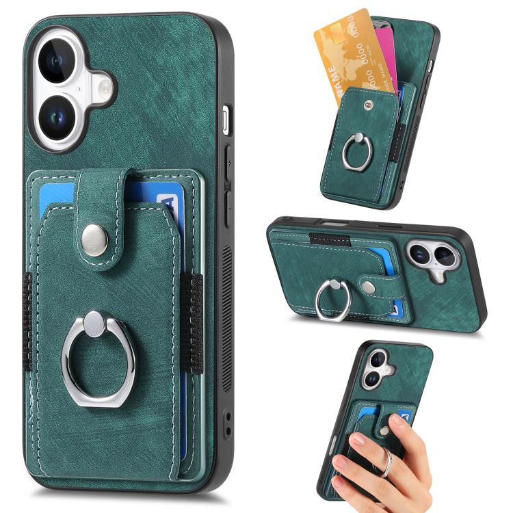 

For iPhone 17 Retro Skin-feel Ring Card Wallet Phone Case(Green)
