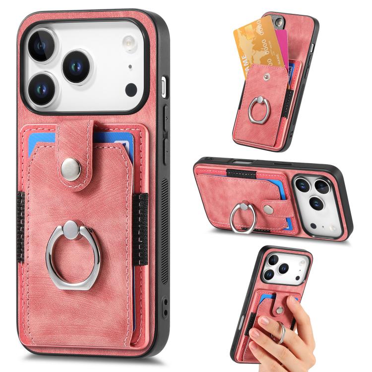 

For iPhone 17 Pro Max Retro Skin-feel Ring Card Wallet Phone Case(Pink)